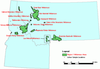 USFS R1 Lichen Monitoring Sites. A graphic with the state of Idaho and the state of Montana with sites identified.