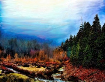 A photo painting of a forest near a creek