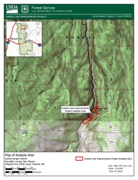 Map of the Sandia Cave Improvements proposed project location, Sandia Ranger District, Cibola NFNG. Map is part of the scoping package for the NEPA public scoping period. 