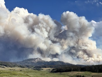 Smoke column from the Fish Creek Fire as viewed from Togwotee Pass