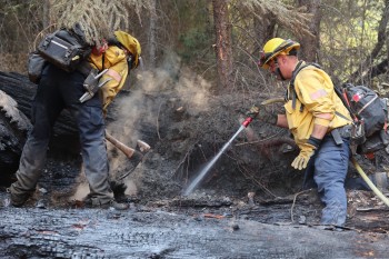Two firefighters stand in a burned area looking at a spot that is smoking. One holds a pulaski and the other sprays the spot with a small diameter hose.