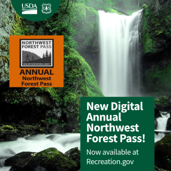 Graphic with text and image of Northwest Forest Pass