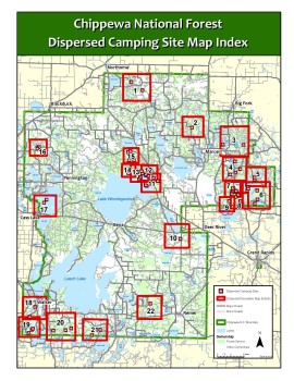 A map showing dispersed camping location on the Chippewa National Forest.
