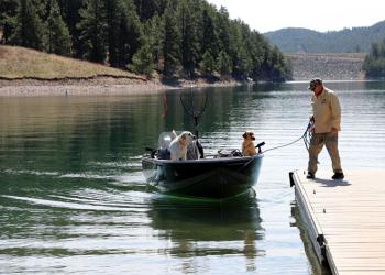 Fisherman at Pactola Reservoir with dogs in boat