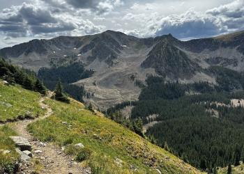 A winding single track trail in the alpine mountains.