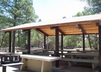 a wood and metal shade structure over concrete picnic benches in a forested area