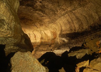 Inside Ape Cave with boulders