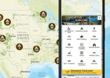 A map and a cell phone screen with recreation icons. 