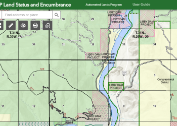 Screenshot of the ALP Land Status and Encumbrance web map. Shows PLSS township range, sections, and ownership parcels