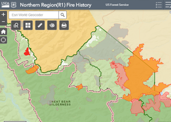 Screenshot graphic of the Northern Region Fire History web map. Shows a map with fire polygons on the landscape and map control buttons