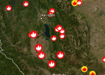 Screenshot graphic of a map showing imagery in the background and red and yellow fire icons across the landscape in fire locations