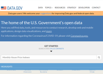 Screenshot of the data.gov website showing a welcome banner stating The home of the US Government's open data