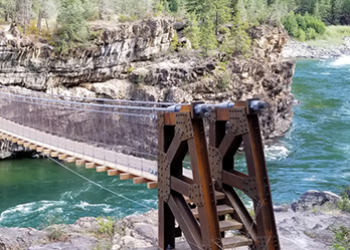 Swinging bridge over a flowing river