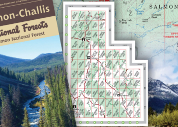 Collage of map items including a map pamphlet cover with scenic river photo, area map of quads, and scenic mountain photo and topo map in the background