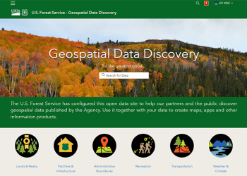 Screenshot of the Geospatial Data Discovery website. Has large header graphic of a fall forest and links below to data