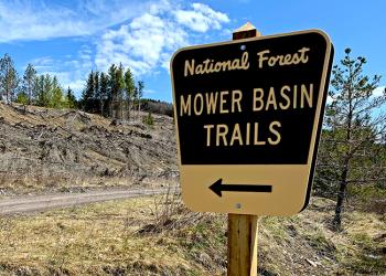 A sign marking the Mower Basin Trails.