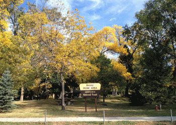 The entrance sign to Bessey Picnic Area surrounded by trees showing fall colors.