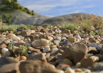 Closeup of agate rocks with a scenic view in the background.