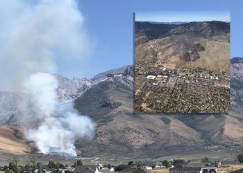 Two images of smokey landscape with homes & mts in background-800x600px card