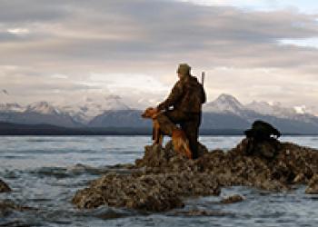 A hunter and his dog look out over the frozen landscape.