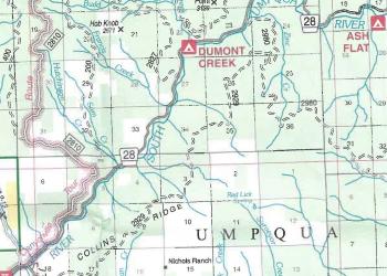 A zoomed in square of the Umpqua National Forest that shows Dumont Creek Campground and Ash Flat Campground on the Tiller Ranger District.