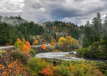 Fall colors on trees dot the landscape between a highway and a river.