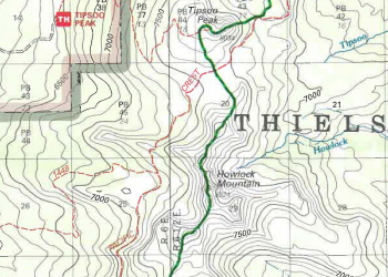 A zoomed in square of an Umpqua National Forest map that shows the boundary of the Diamond Lake Ranger District and Mount Thielsen Wilderness