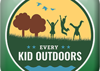 An graphic that states Every Kid Outdoors, illustration of three kids playing in the grass, two trees, birds in the sky.