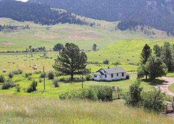 A white woodframed house with tall tress next to it. behind the house is land with hay on it and a mountain hillside in the background.