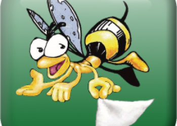 A graphic of an illustrated smiling bee with hands carrying a tissue. Green background.
