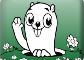 A green square with an illustration of a smiling white small animal