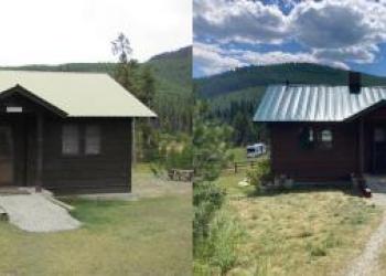The Star Meadows Cabin before and after a new roof; one of three cabins to receive a new roof during the summer of 2022. Additional updates to Flathead National Forest rental cabins will continue in 2023.