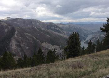 A scenic view from a high ridge overlooking a steep, rocky river canyon. Conifer trees line sharp gullies and clouds hang low in the sky.