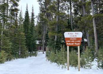 Wooden sign surrounded by snow and evergreen trees.  