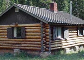 Log cabin with metal roof and brick chimney. 