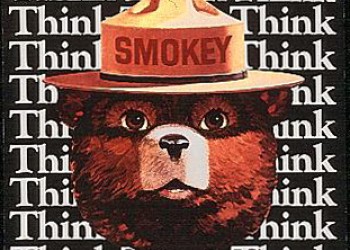 graphic of smokey bear's face with the word "think" in the background