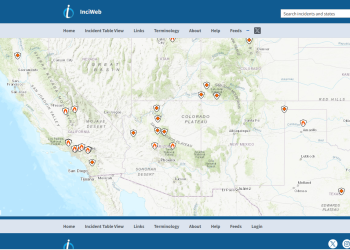 Screenshot graphic of the InciWeb website. Title, link menu, and map of the US with fire locations symboliozed are displayed.