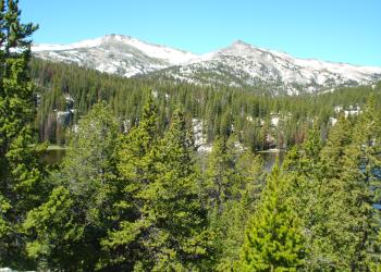 A high mountain lake surrounded by trees and rocky peaks