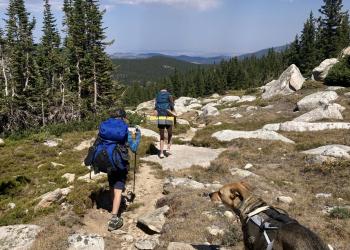 Kids hiking on a high mountain trail