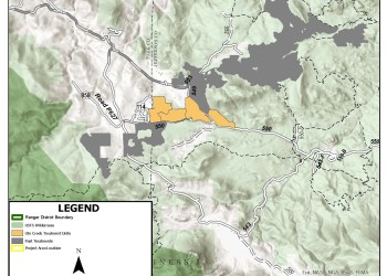 Map of area near Bailey, Colorado, with treatment area highlighted in orange and past treatments in gray