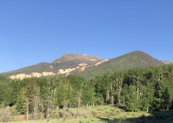 A Forested mountain slopes up to the blue sky. Red and tan rocks form drainages . 