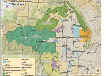 A map of the Rio Grande National Forest that depicts the three ranger Districts. 