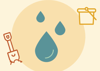 Graphic of water droplets, bucket and shovel