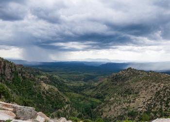 Panoramic view of the Mogollon Rim and below with monsoon.