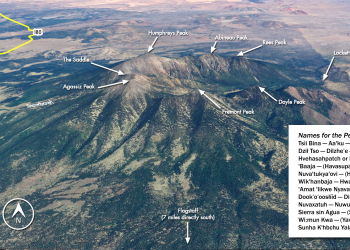A map shows the name of each individual peak in the San Francisco Peaks