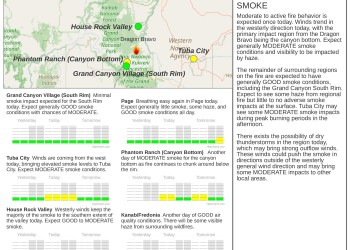 A document with map showing expected wildfire smoke impacts to communities in the vicinity of the fire.