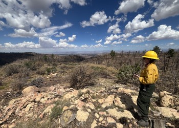 A hydrologist in a yellow wildland fire shirt and green fire pants, wearing a yellow helmet, stands on a rocky mound observing the burned terrain of a drainage below her.