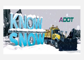 Image of a yellow snow plow in the snow with the letters A D O T above it and the stacked words Know and Snow in ice blue and capped with snow.