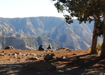 A couple sits on rocky ground near a couple trees with a vista of the opposite canyon rim in the distance.
