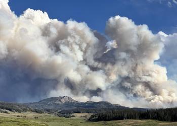 Smoke column from the Fish Creek Fire as viewed from Togwotee Pass